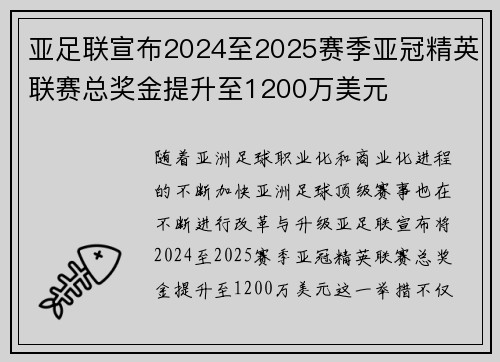 亚足联宣布2024至2025赛季亚冠精英联赛总奖金提升至1200万美元 亚足联宣布2024至2025赛季亚冠精英联赛总奖金提升至1200万美元