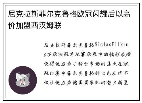 尼克拉斯菲尔克鲁格欧冠闪耀后以高价加盟西汉姆联 尼克拉斯菲尔克鲁格欧冠闪耀后以高价加盟西汉姆联